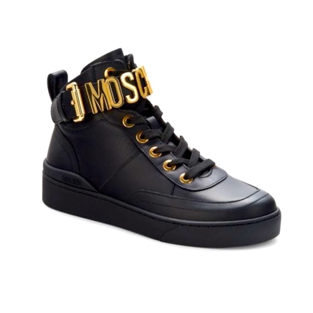 Moschino Logo Leather High Top Sneakers - Picture 2 of 4